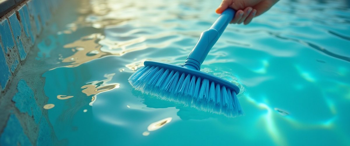 A hand pushing a blue pool brush along the floor of a clear pool