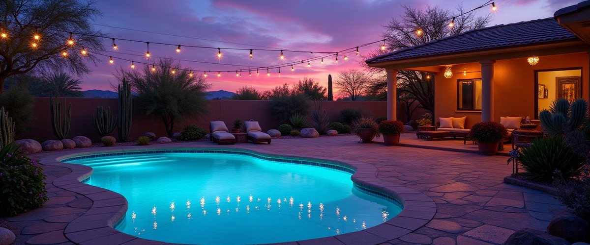 Backyard pool lit at dusk with string lights over a stone patio
