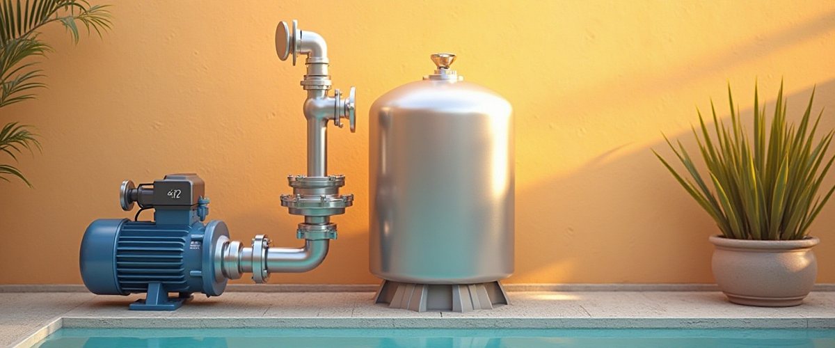 Pool pump, plumbing and a filter tank against a stucco wall