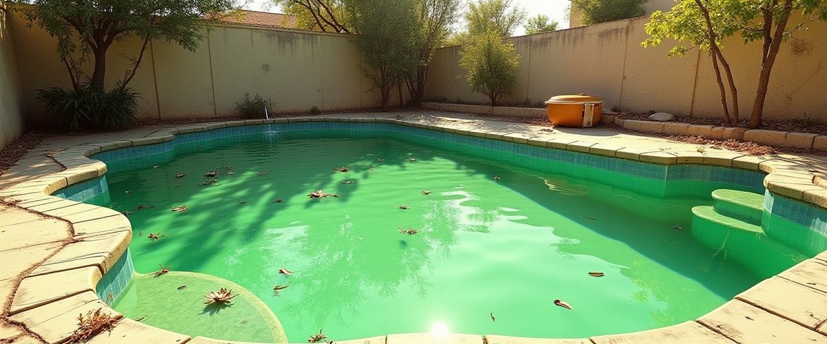 Backyard pool with green water and debris on the surface