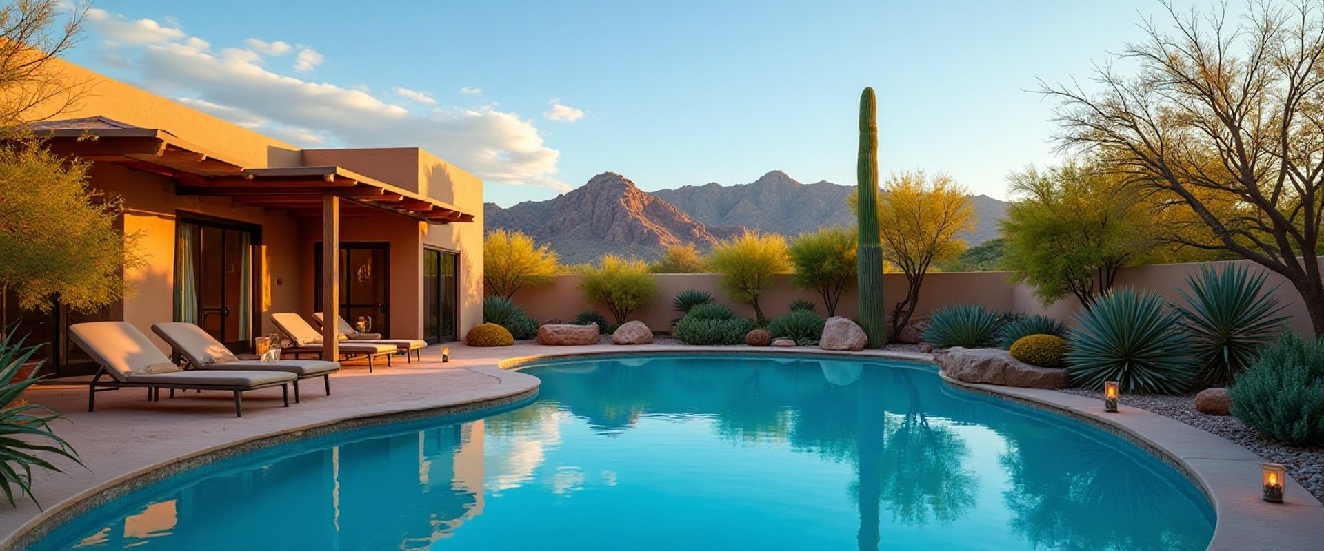 A curved backyard pool beside a stucco home with a covered patio, desert plants, a saguaro and rocky mountains behind