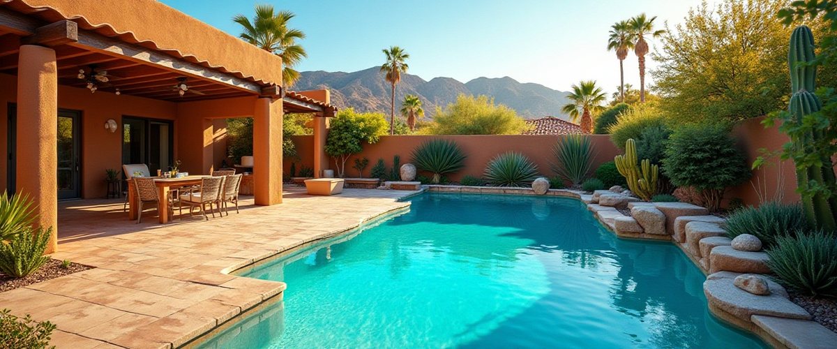 Free-form pool with a stone edge and a covered patio