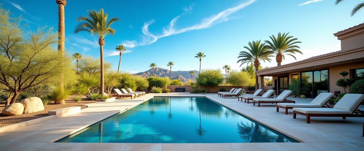 Long rectangular pool with lounge chairs, palms and mountains behind