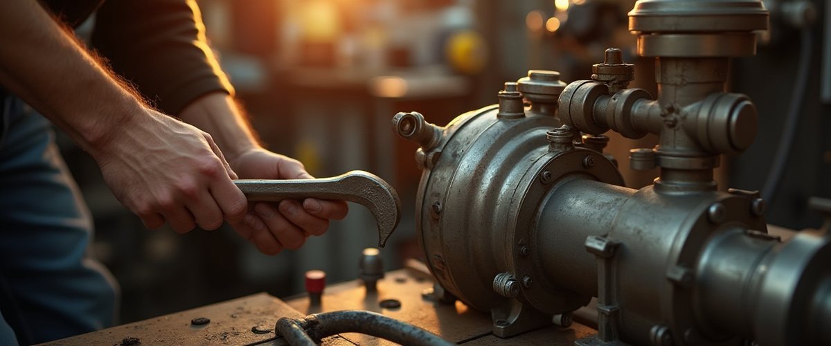 Hands turning a wrench on an old pool pump
