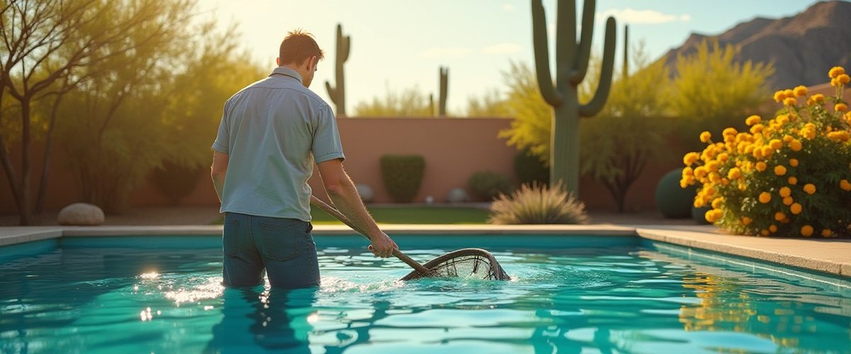 A person in a pool skimming the water with a net, saguaro and desert plants behind the wall