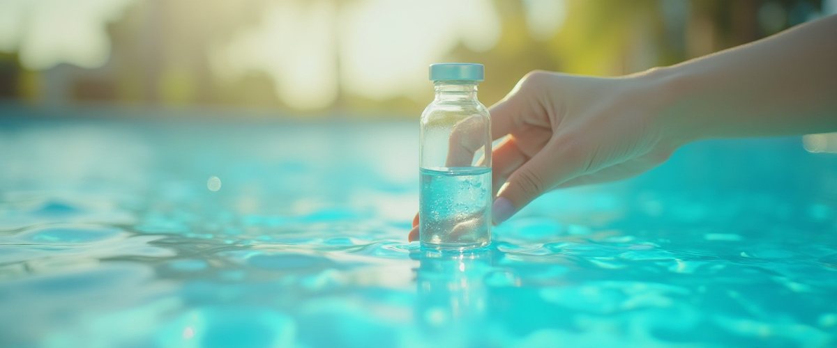 A hand holding a small water sample vial at the surface of a clear pool