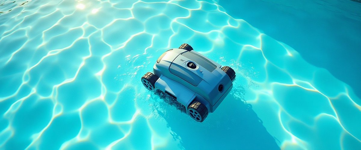 A robotic pool cleaner moving across a sunlit pool floor